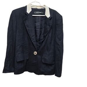 Louis Féraud Navy Linen Blazer Contrast Collar Women’s Size 10